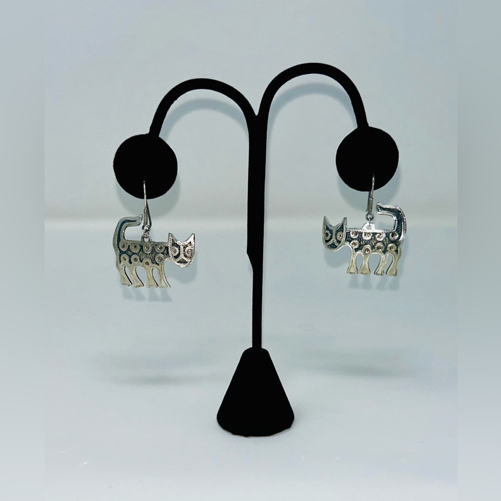 Vintage Handmade Mexican Sterling Silver Cat Earrings-Heavy, lots of silver
